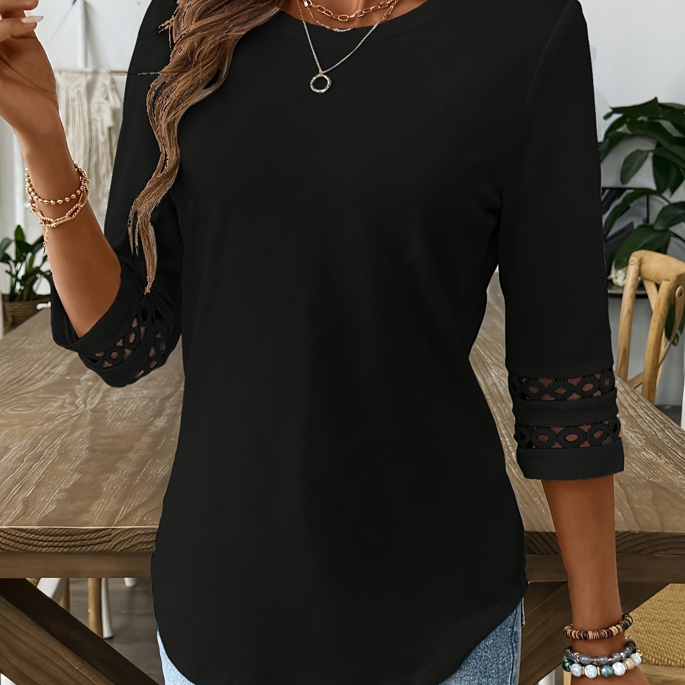 

Women's Polyester Blouse With Round Neck, Elbow-length Sleeve, And Trim, All-season Casual T-shirt