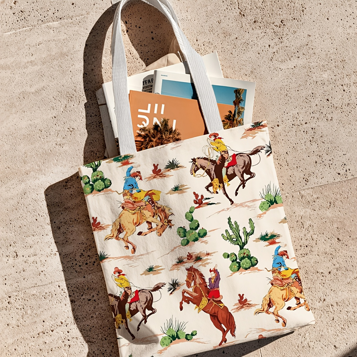TEMU 1pc Western Cowboy Horse Cactus Tote Bag - West Rodeo Print, Durable Suitable For Grocery Shopping, Picnic , Western Themed Events, Multicolor