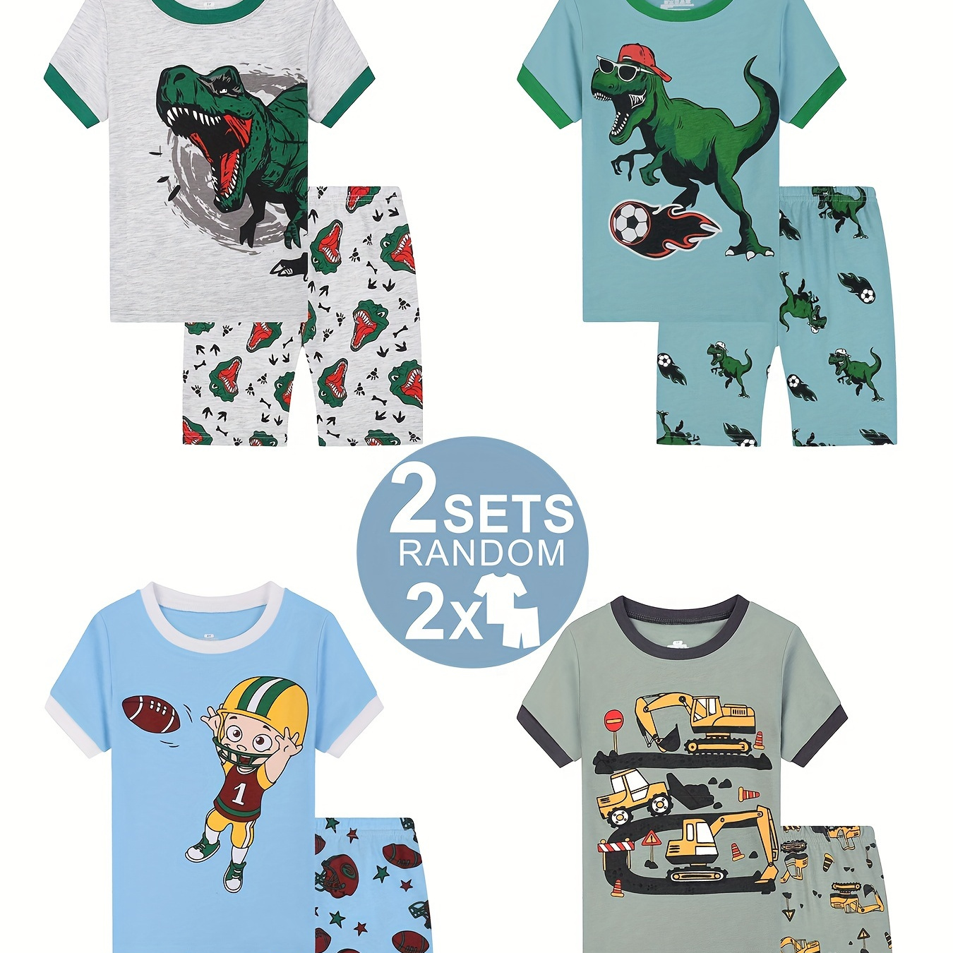 

Random 2 Sets Boys Cartoon Engineering Car Mountain Bike Dinosaur Cartoon Boy Short Sleeve Pullover Top + Shorts Loungewear Pajamas Spring Summer Set 2y-9y