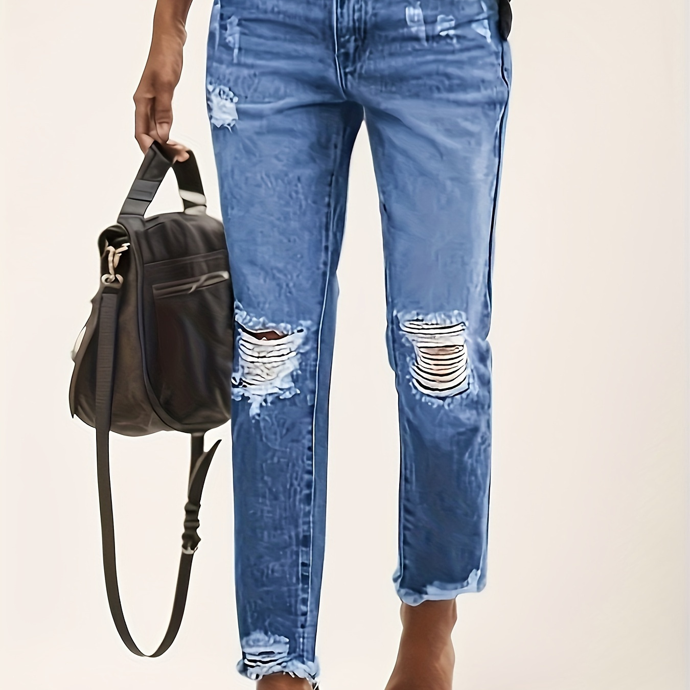 

Women's Distressed Stretch Boyfriend Jeans - , Washed Blue Denim With Ripped Detailing, Slanted Pockets, ,