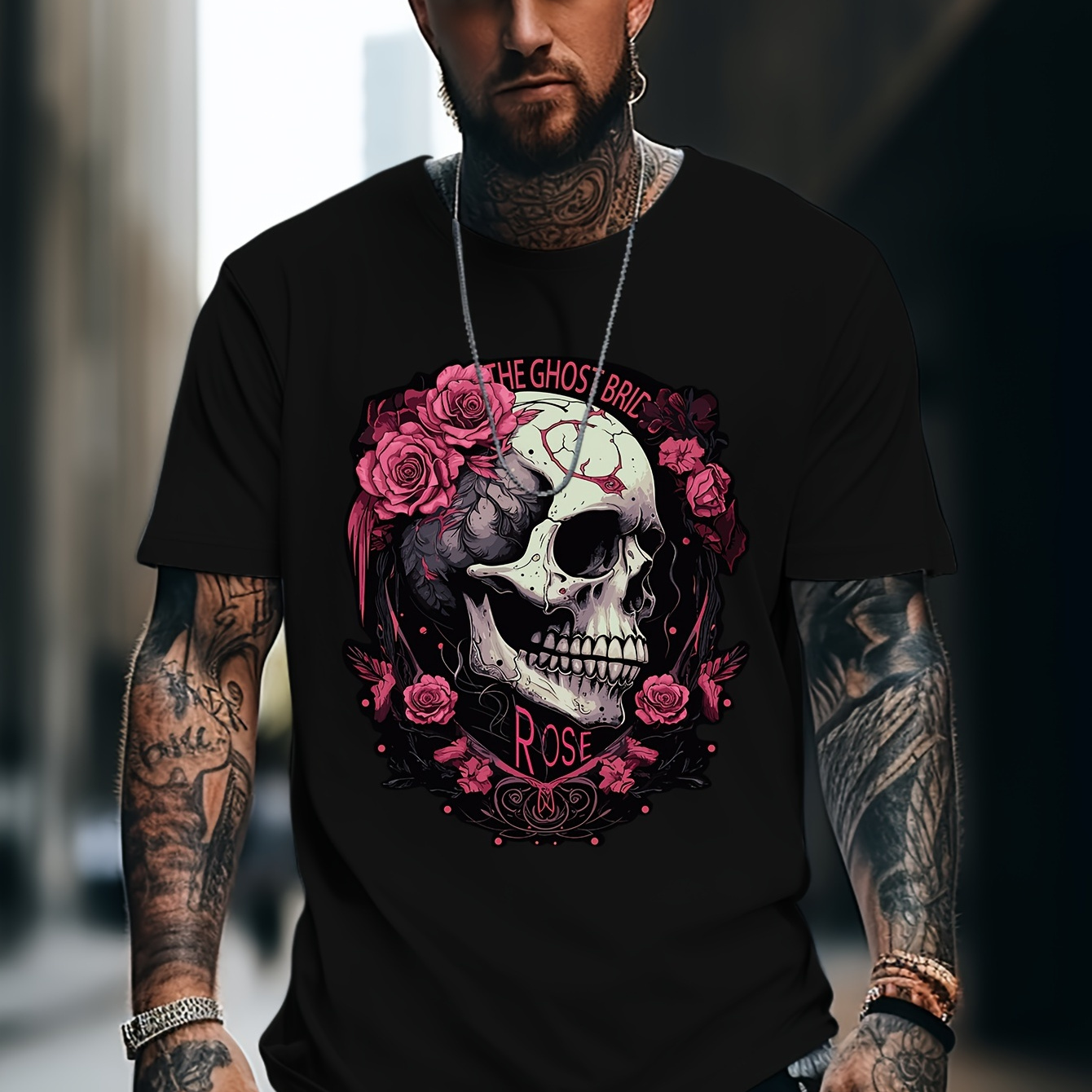 

Skull & Rose Print Men's Short Sleeve T-shirts, Comfy Casual Elastic Crew Neck Tops For Men's Outdoor Activities