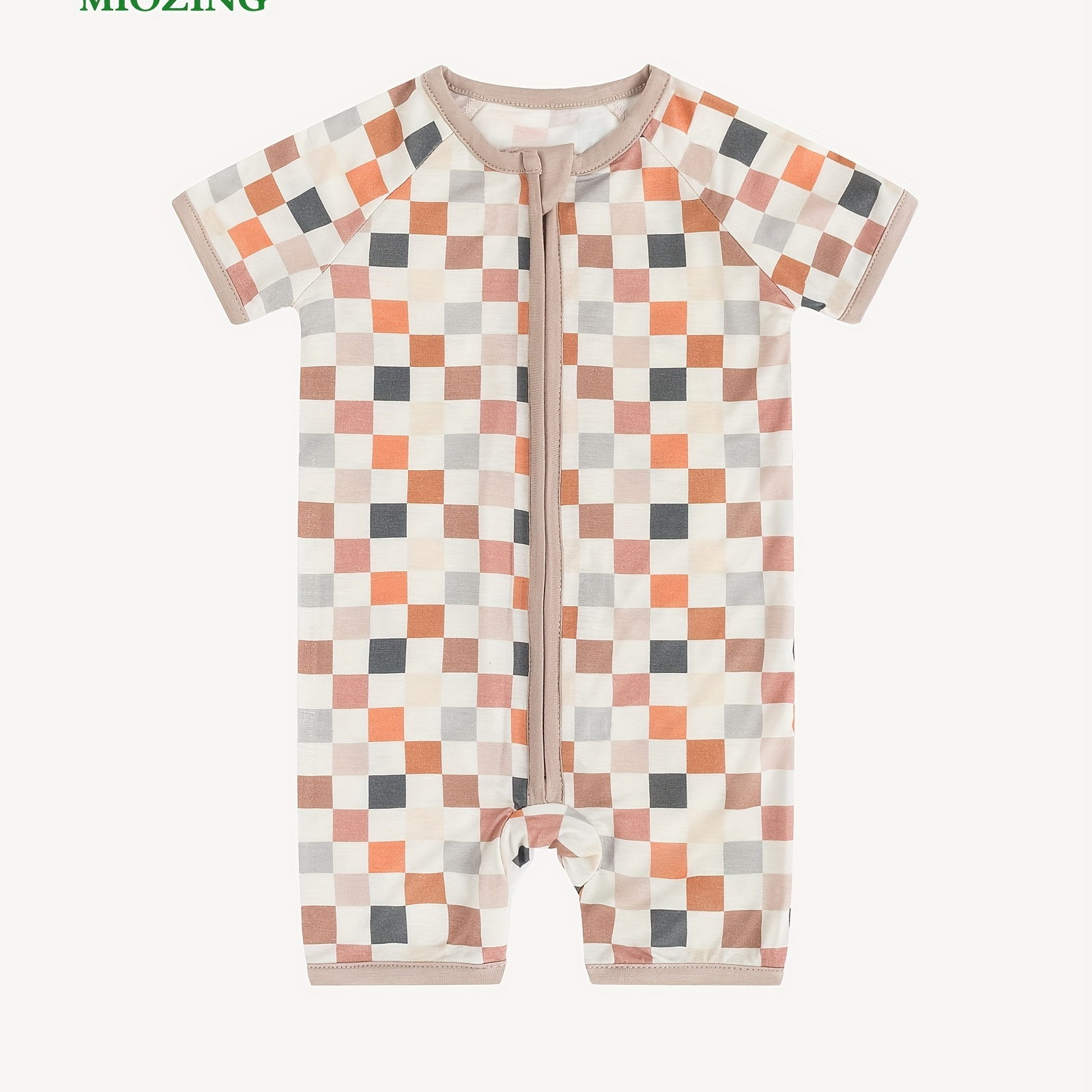 

Miozing Bamboo Fiber Infant's Colorful Checkerboard Pattern Bodysuit, Casual Short Sleeve Onesie, Baby Girl's Clothing