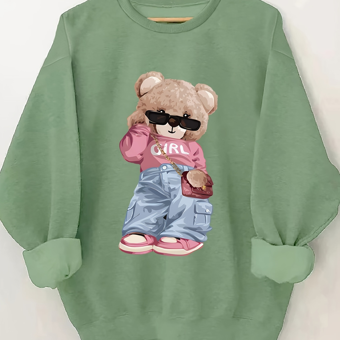 

Women's Casual Crew Neck Sweatshirt With Stylish Bear Graphic - Soft Polyester, Machine Washable - Fall & Spring