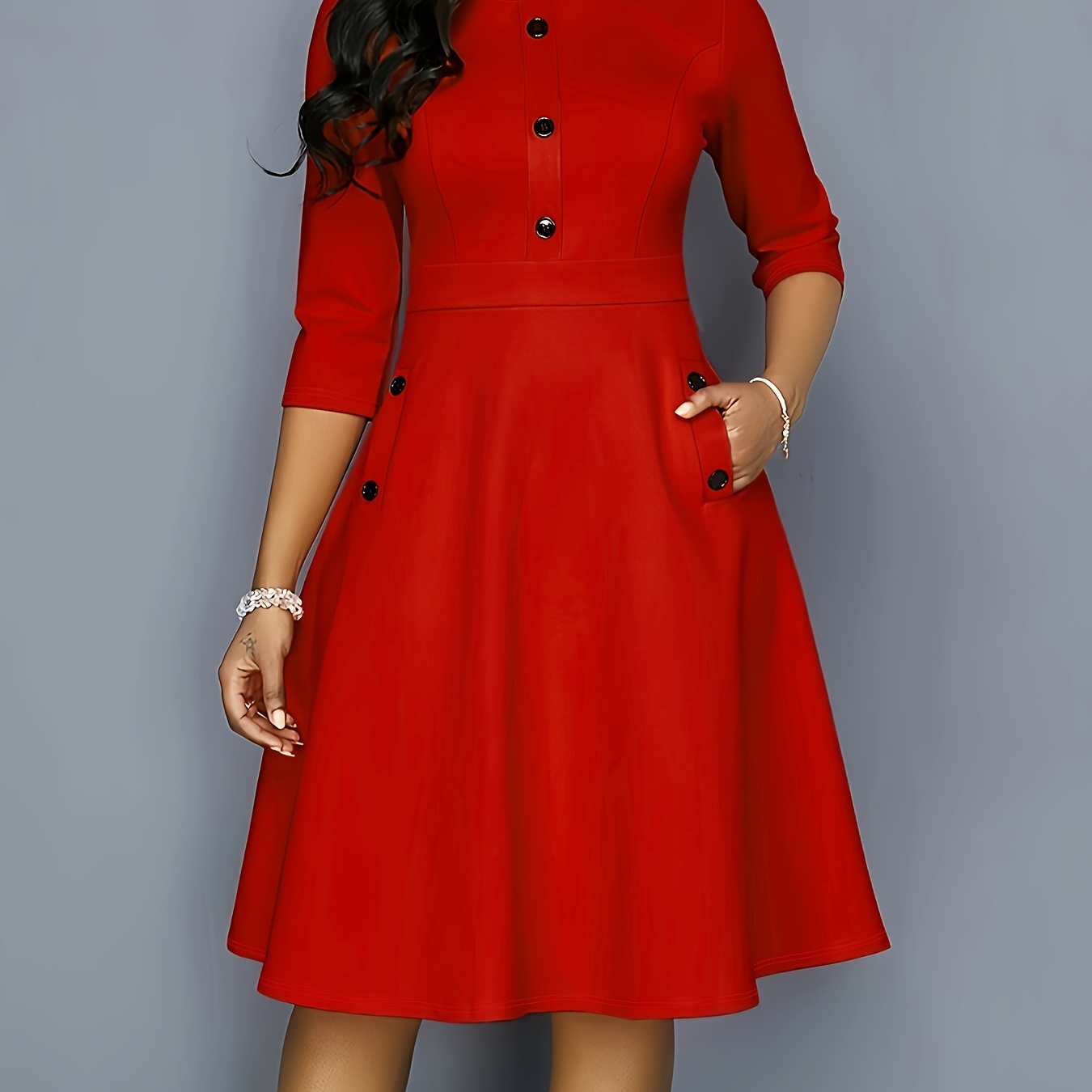 

Plus Size Crew Neck Button Dress, Elegant 3/4 Sleeve A Line Midi Dress With Pocket, Women's Plus Size Clothing