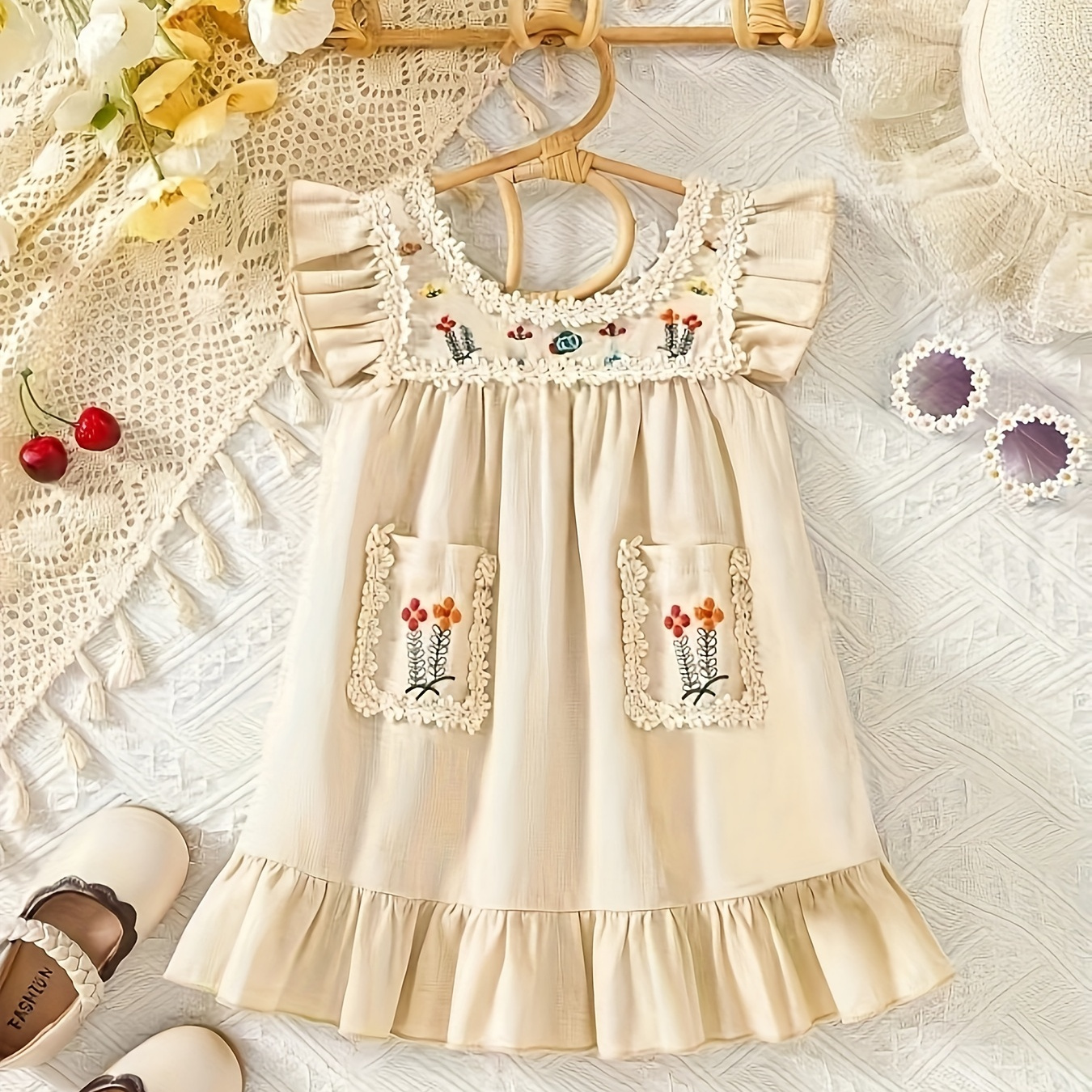

Baby's Pastoral Style Flower Embroidered Ruffle Trim Cap Sleeve Dress, Infant & Toddler Girl's Clothing For Summer/spring, As Gift