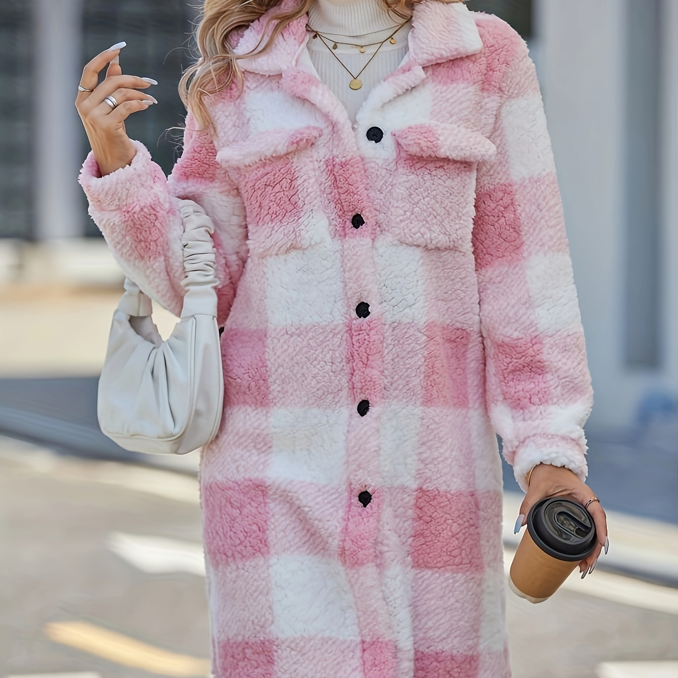 

Plaid Mid Length Teddy Coat, Casual Button Front Long Sleeve Outerwear, Women's Clothing