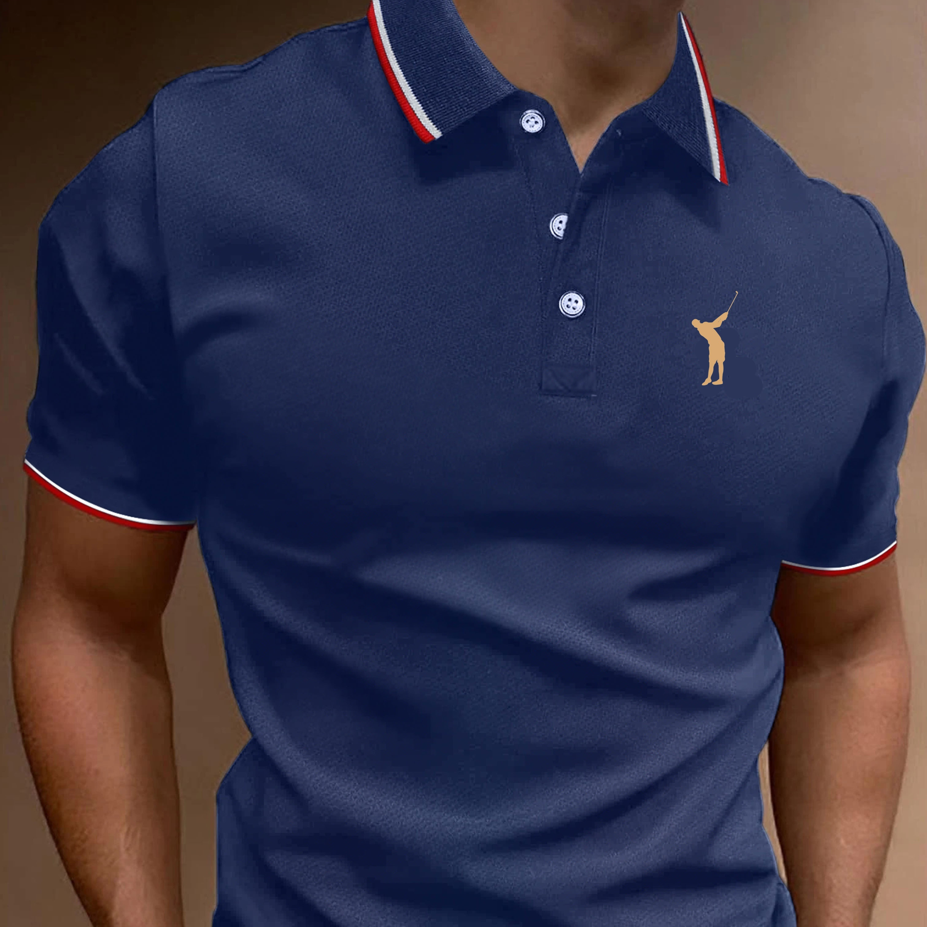 

Playing Golf Print Polo Shirt, Men's Casual Slightly Stretch Button Up Polo Shirt For Summer Business