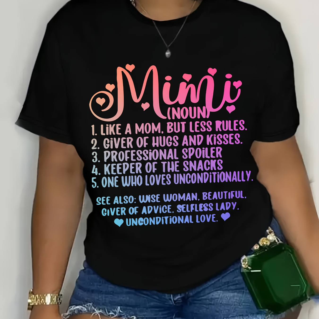 

Plus Size Mimi Print T-shirt, Casual Short Sleeve Crew Neck Top For Spring & Summer, Women's Plus Size Clothing