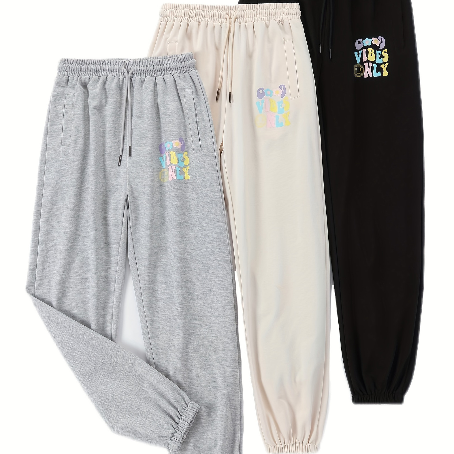 

3-pack Of Exarus Girls' Monogram Print Sweatpants, Joggers With Pockets, High-waisted Cute Sweatpants, Daily Wear For 6-14 Years Old