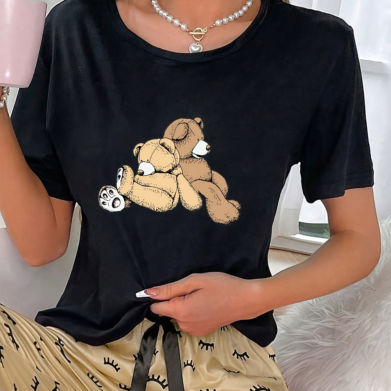 

Women's Sleepwear Round Neck Short Sleeve Top With Cute Bear Print, Mature Style Comfortable Homewear Pajama Top