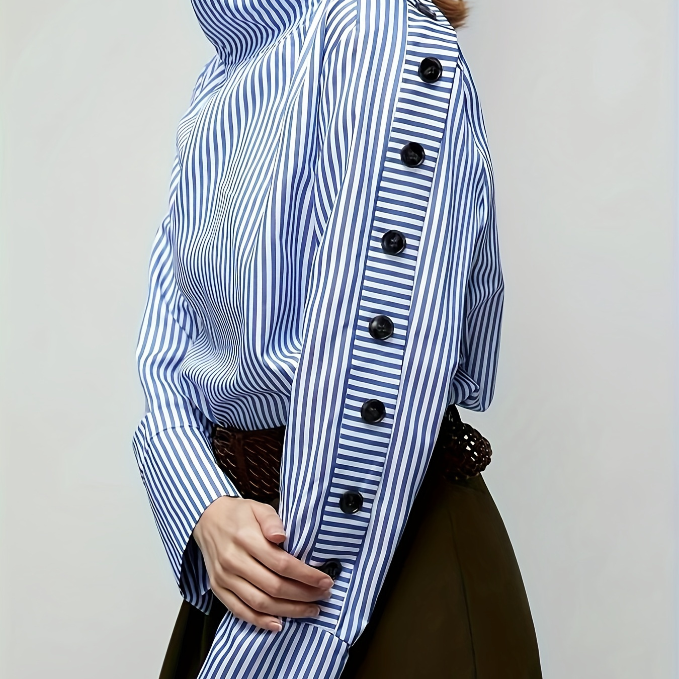 

Stripe Print Button Decor Blouse, Casual Long Sleeve Blouse For Spring & Fall, Women's Clothing