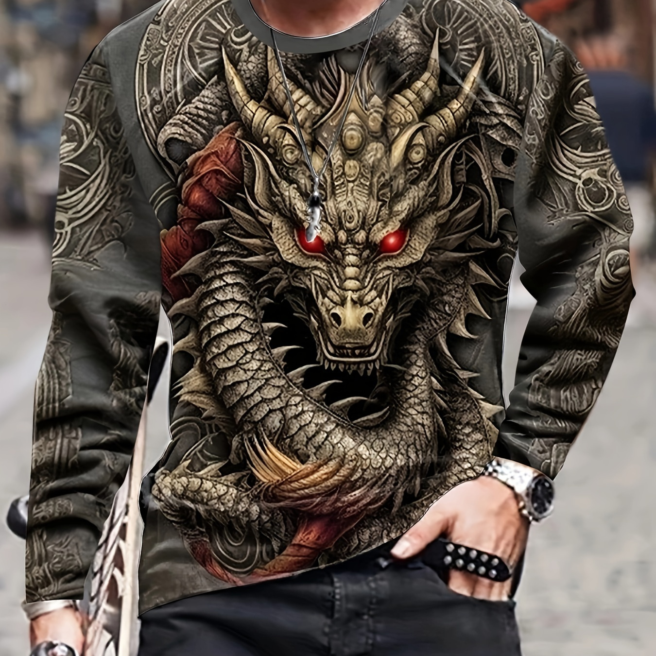 

Dragon Pattern 3d Print Long Sleeve T-shirt, Chic Stretch Pullover Tops