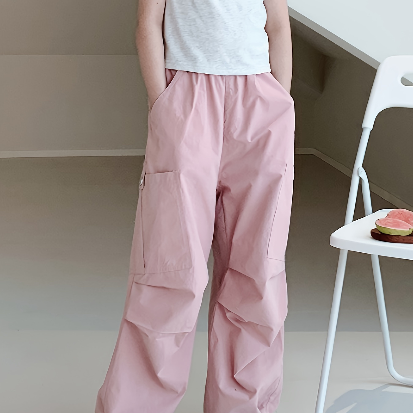 

Girls' Casual Cargo Pants - Polyester Blend With Slight Stretch, Solid Color, Pockets, Super Loose Fit For Children Aged 12 And Under - Spring/summer/fall Season Overalls