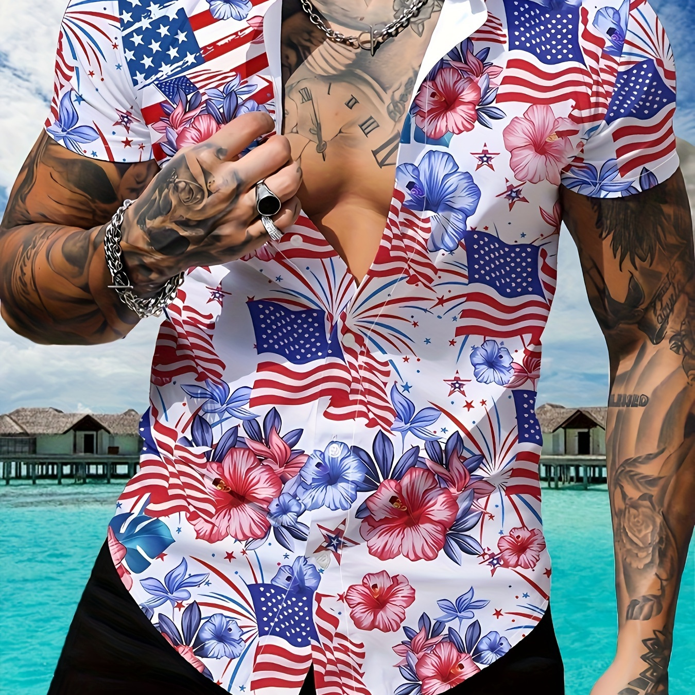 

Men's Hawaiian Shirt, American Flag Floral Print Casual Summer Beach Vacation Short-sleeve Button-up Lapel Shirt