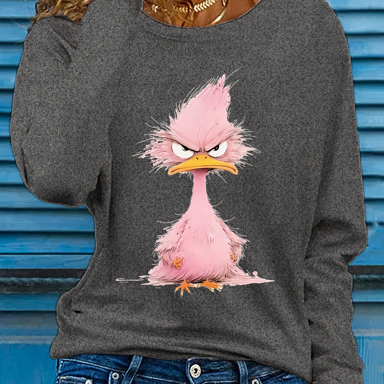 

T-shirt à manches longues pour femme au col rond avec appliqué d'oiseau en peluche rose, tissu tricoté 100% polyester, longueur régulière, motif animal - Collection de