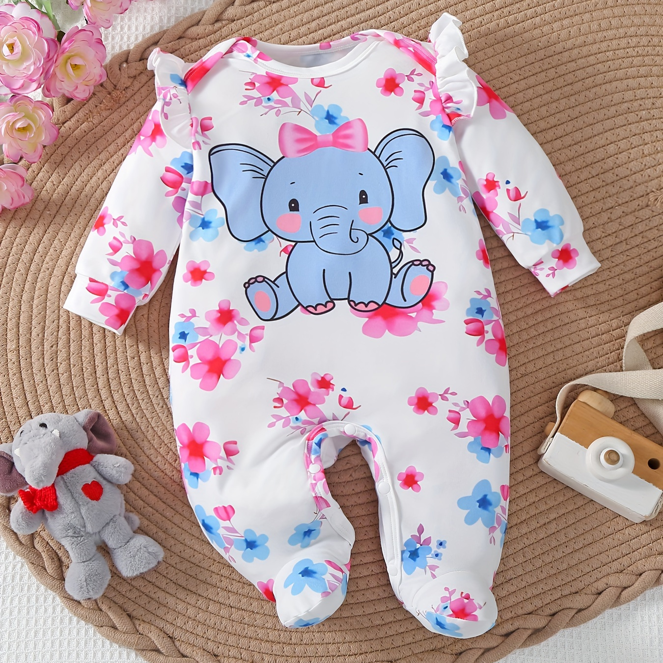 

Newborn Baby's Cartoon Elephant Flower Print Long Sleeve Footie, Toddler & Infant Girl's Comfy Footed Romper For Spring Fall