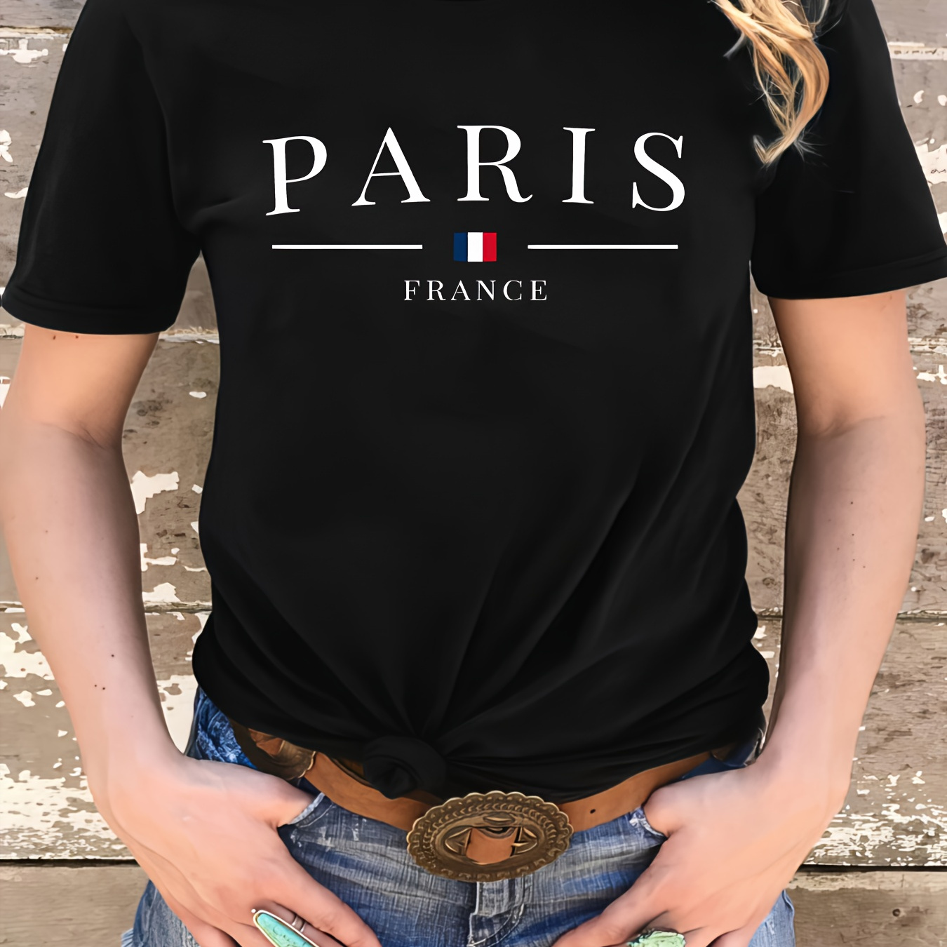 

Paris France Flag Women's T-shirt - Polyester Knit Fabric, Medium Stretch, Round Neck, Cartoon Pattern,