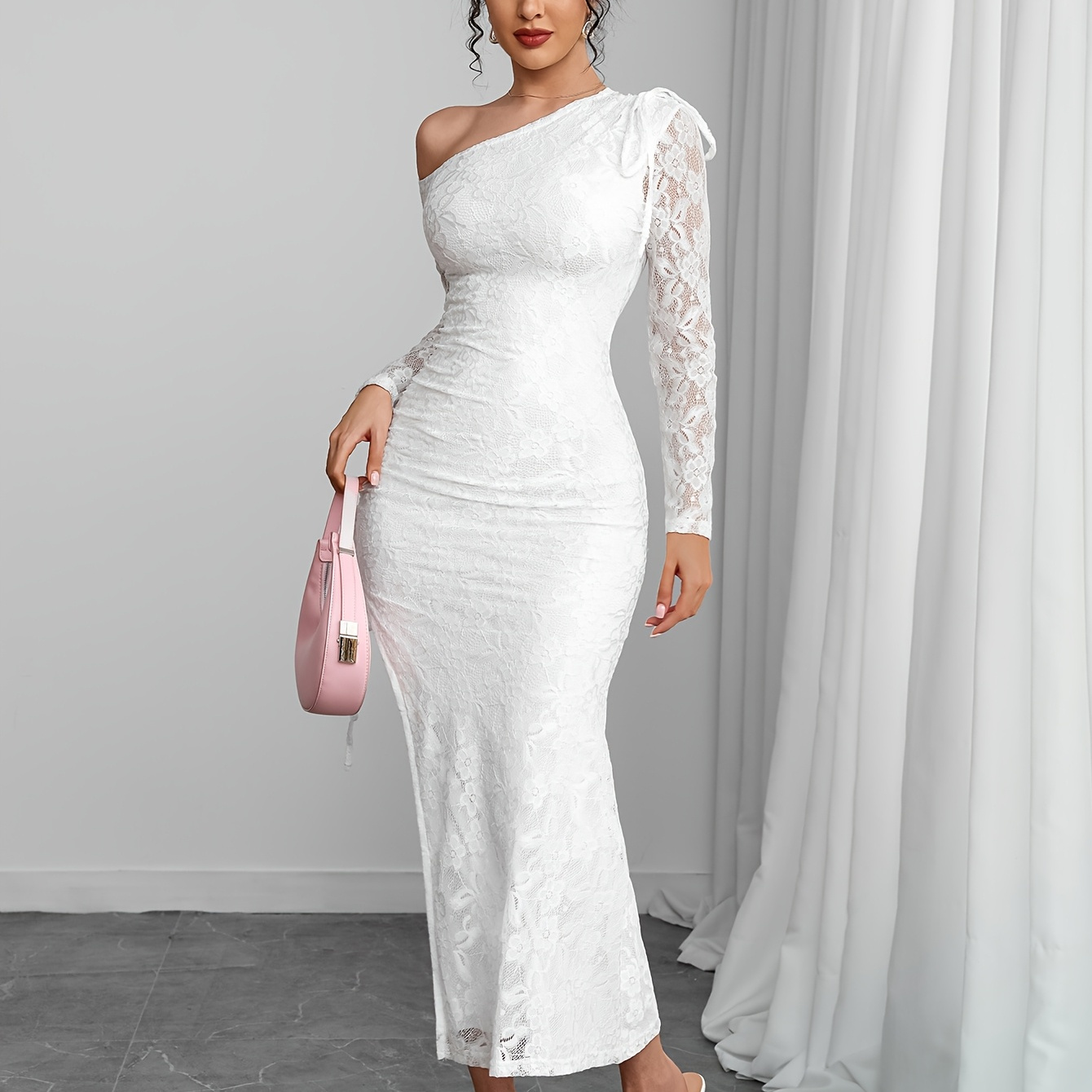 

Elegant Long One-shoulder Slit Maxi Dress With Lace Detail, Stretch Polyester Fabric - Machine Washable