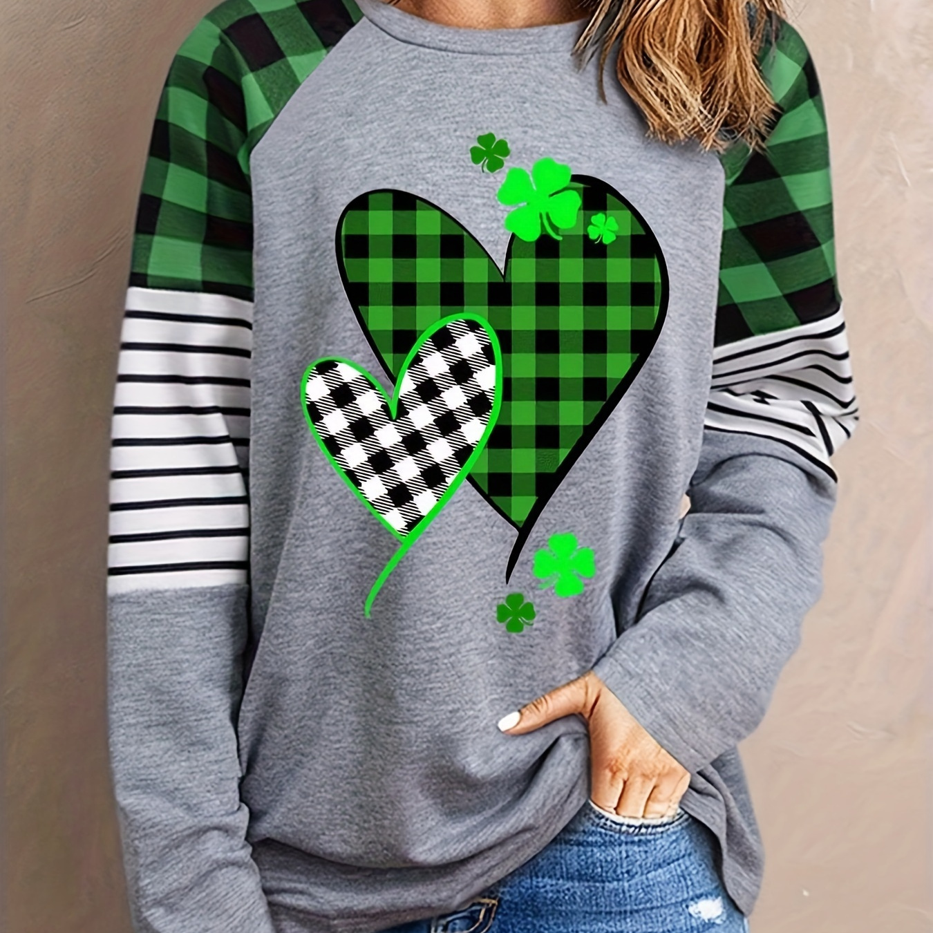 

Plaid Cute Heart & Lucky Grass Print, Casual Crew Neck Raglan Sleeve Top For Spring & Fall, Women's Clothing, Valentine's Day