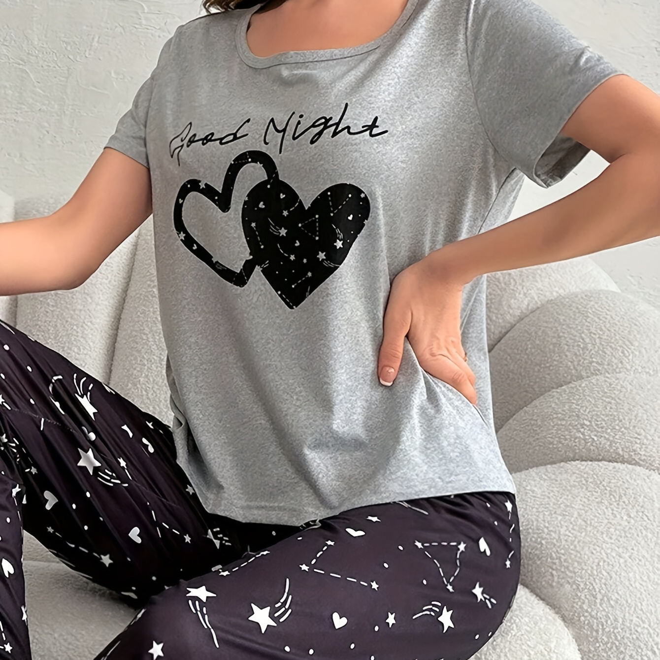 

Women's Casual Short Sleeve Pajama Top With Heart & Letter Print, Cozy Sleepwear Tee, Round Neck Shirt