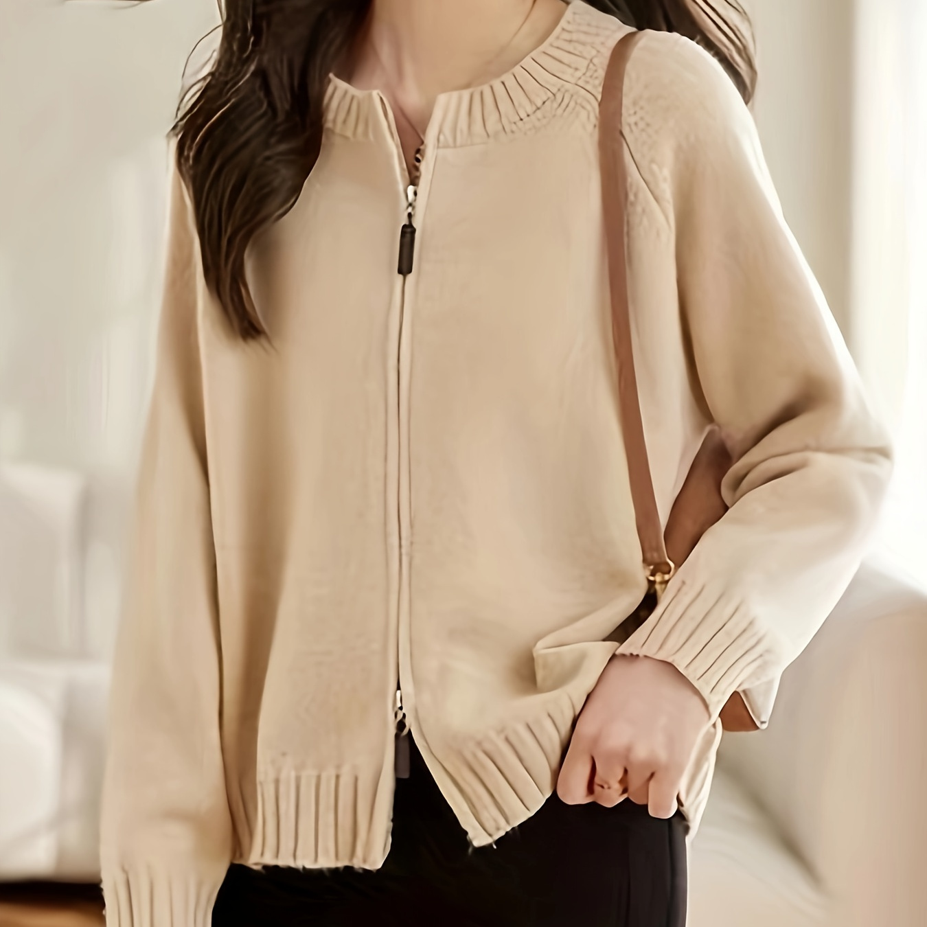 

Women's Zip-up Cardigan - Elegant Long Sleeve Knit Sweater, Polyester, Round Neck, Ribbed Detail, Machine Washable For Fall/winter