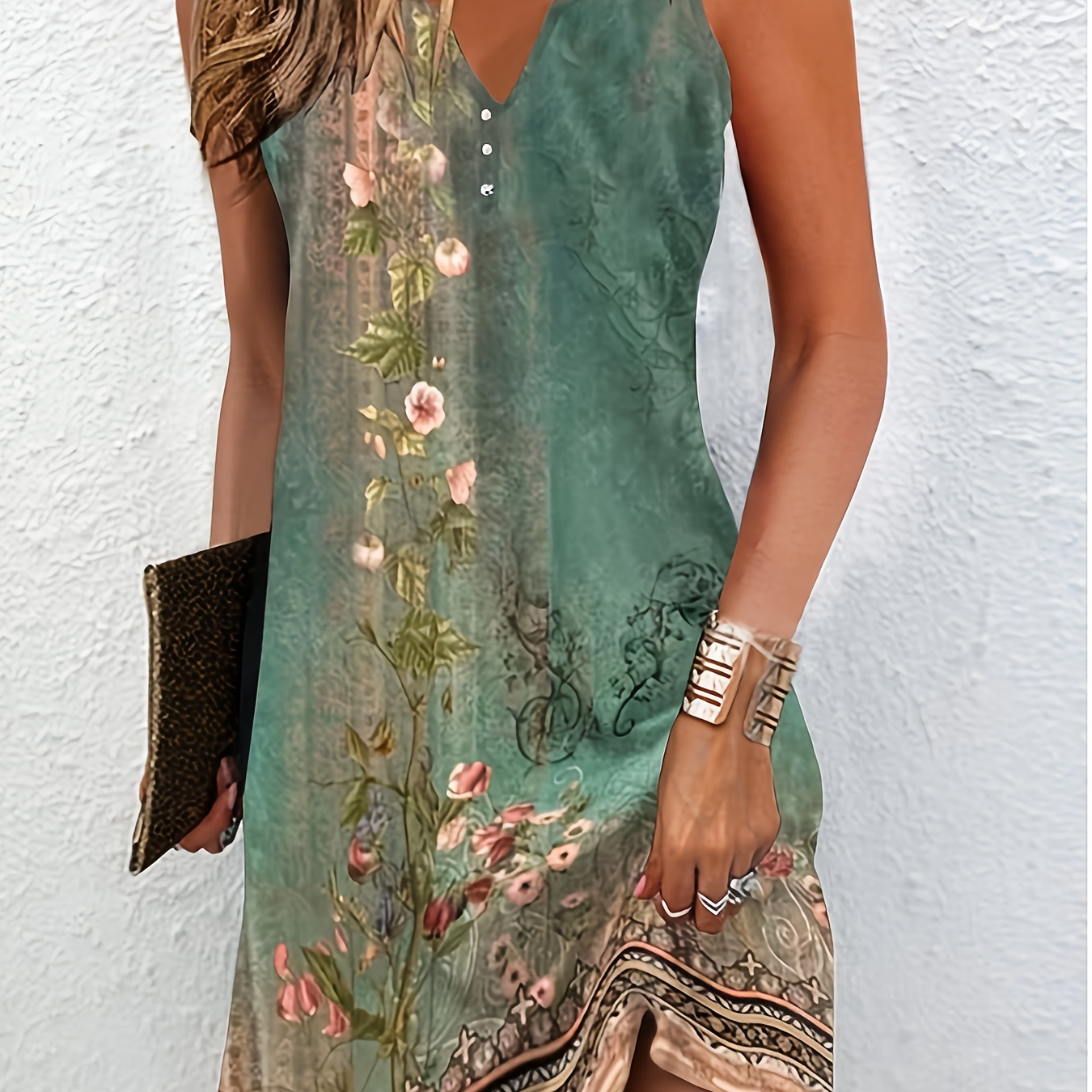Elegant Women's Deep V-Neck Knee-Length Printed A-Line Stretchy Machine-Washable Dress for Spring/Summer Casual and Formal Occasions, Cute Dress