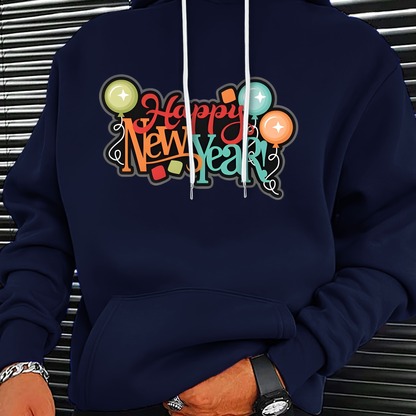 

Happy New Year Print Kangaroo Pocket Hoodie, Casual Long Sleeve Hoodies Pullover Sweatshirt, Men's Clothing, For