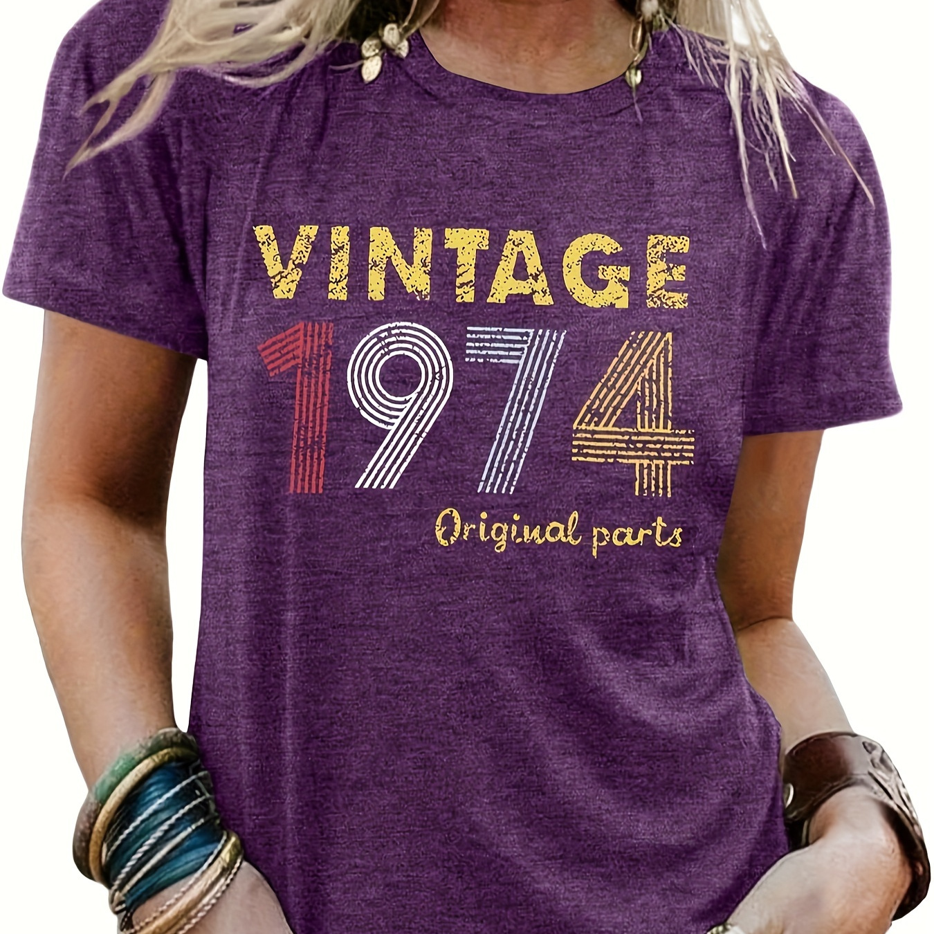 

Vintage 1974 Print Crew Neck T-shirt, Casual Short Sleeve T-shirt For Spring & Summer, Women's Clothing