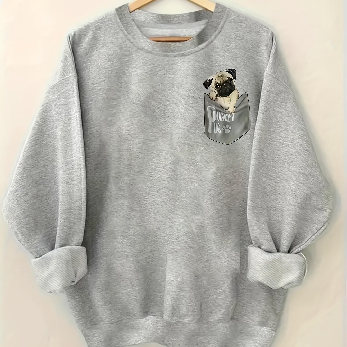 

Pullover Sweatshirt With Pug , Polyester Knit Fabric, Round Neck, Long Sleeve, Animal Pattern, Unisex-fit For Fall/winter