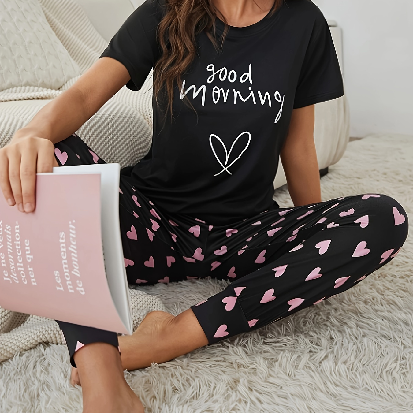 

Heart Print Pajama Set, Short Sleeve Crew Neck Top & Elastic Waistband Pants, Women's Sleepwear & Loungewear