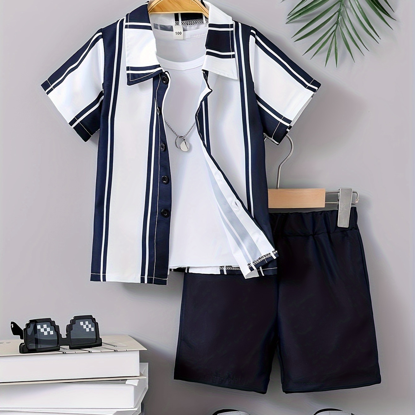 

2pcs Boys Casual Vertical Striped Short Sleeve Lapel Shirt & Solid Color Shorts Set, Comfy Summer Boys Clothing