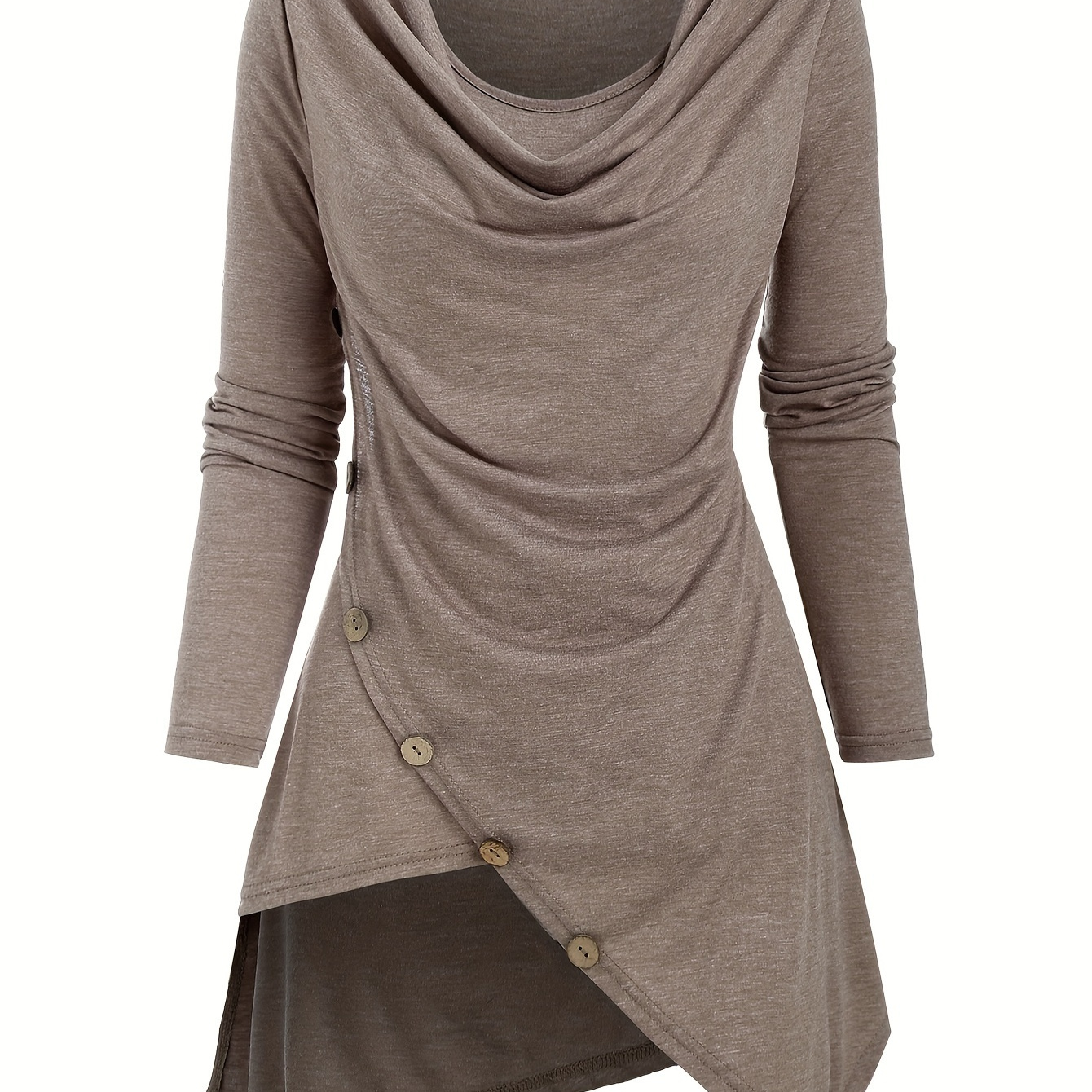 

Cowl Neck Button Decor Top, Versatile Asymmetrical Hem Top For Spring & Fall, Women's Clothing