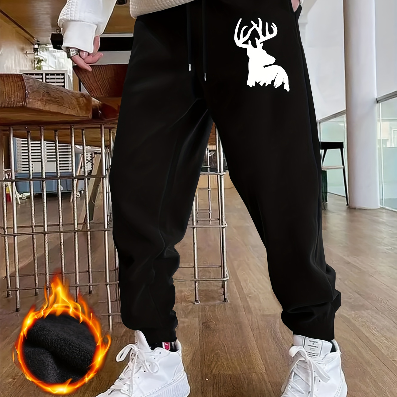 

Deer Silhouette Graphic Print, Men's Drawstring Sweatpants With Fleece, Casual Warm And Comfy Jogger Pants For Men