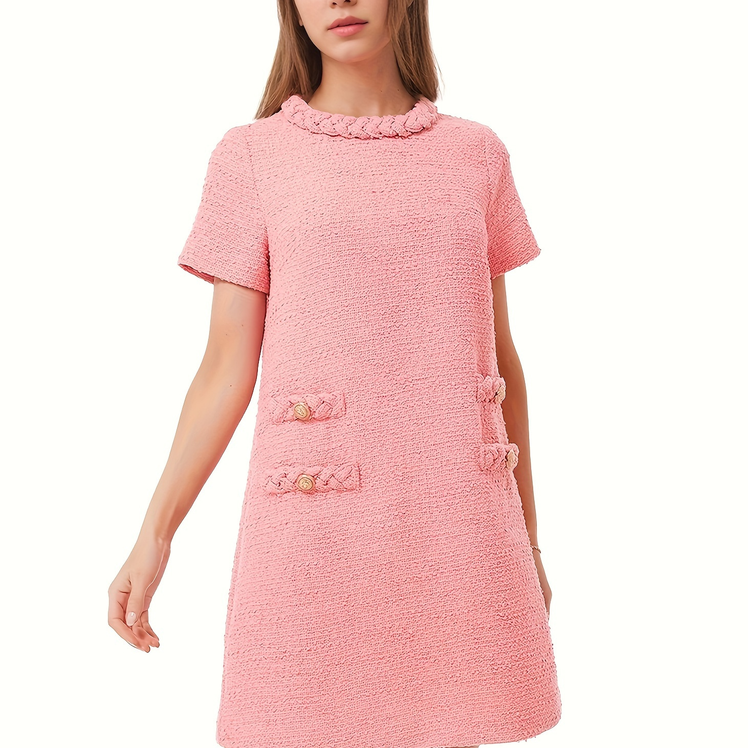 

Women's Tweed Dress Short Sleeve Crew Neck A-line Party Vintage Mini Skirt Causal Dresses (pink, M)