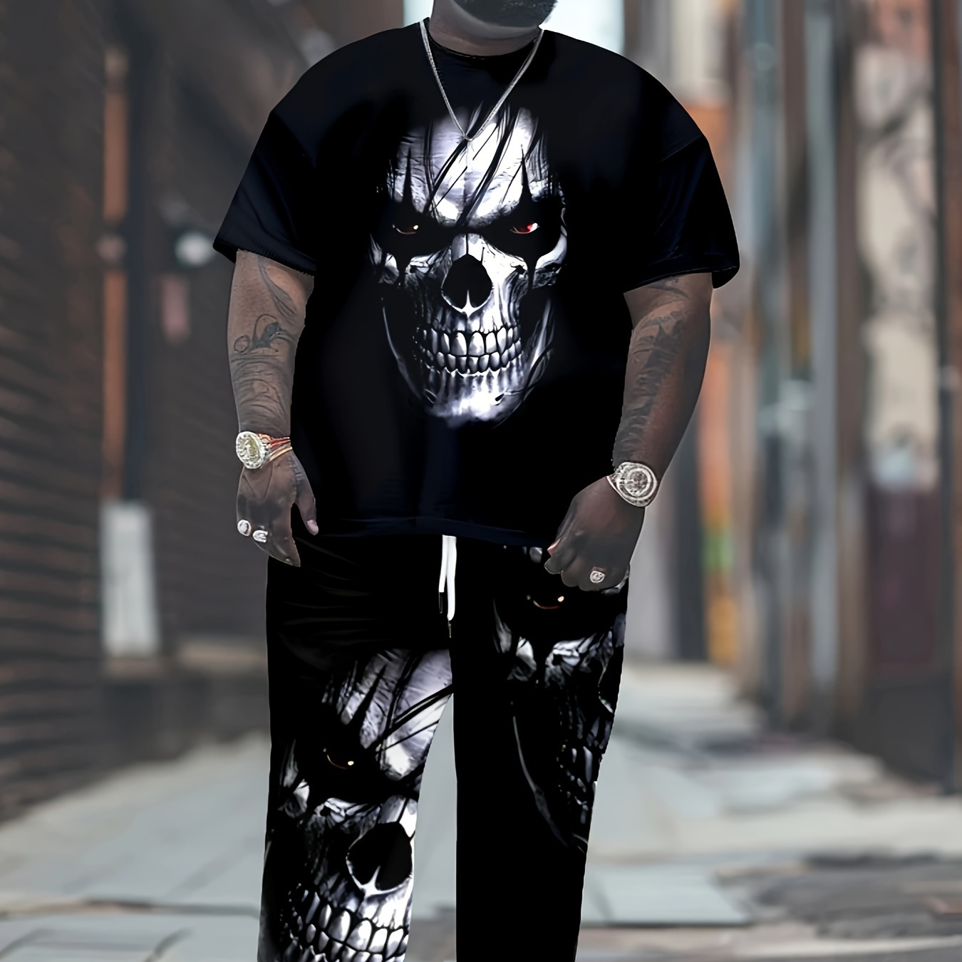 

Plus Size Men's Sweatsuit Set Polyester 3d Skull Print - Sports & Casual Crew Neck T-shirt With Pockets, Slight Stretch Knit Fabric, Regular Fit Jogging Outfit (95% Polyester, 5% Spandex)