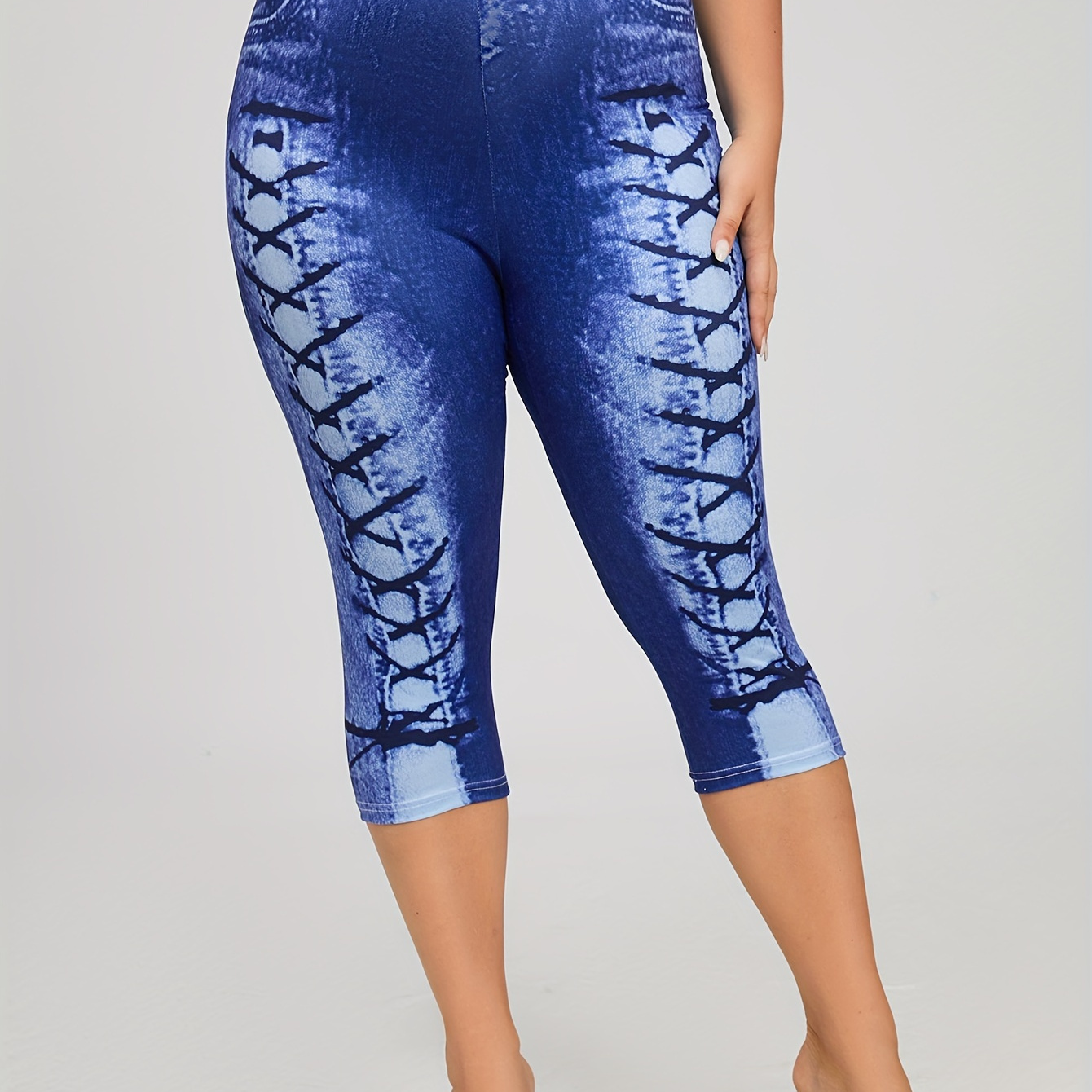 Plus Size Casual Leggings, Women's Plus Denim Print Stretchy Skinny Capri Leggings