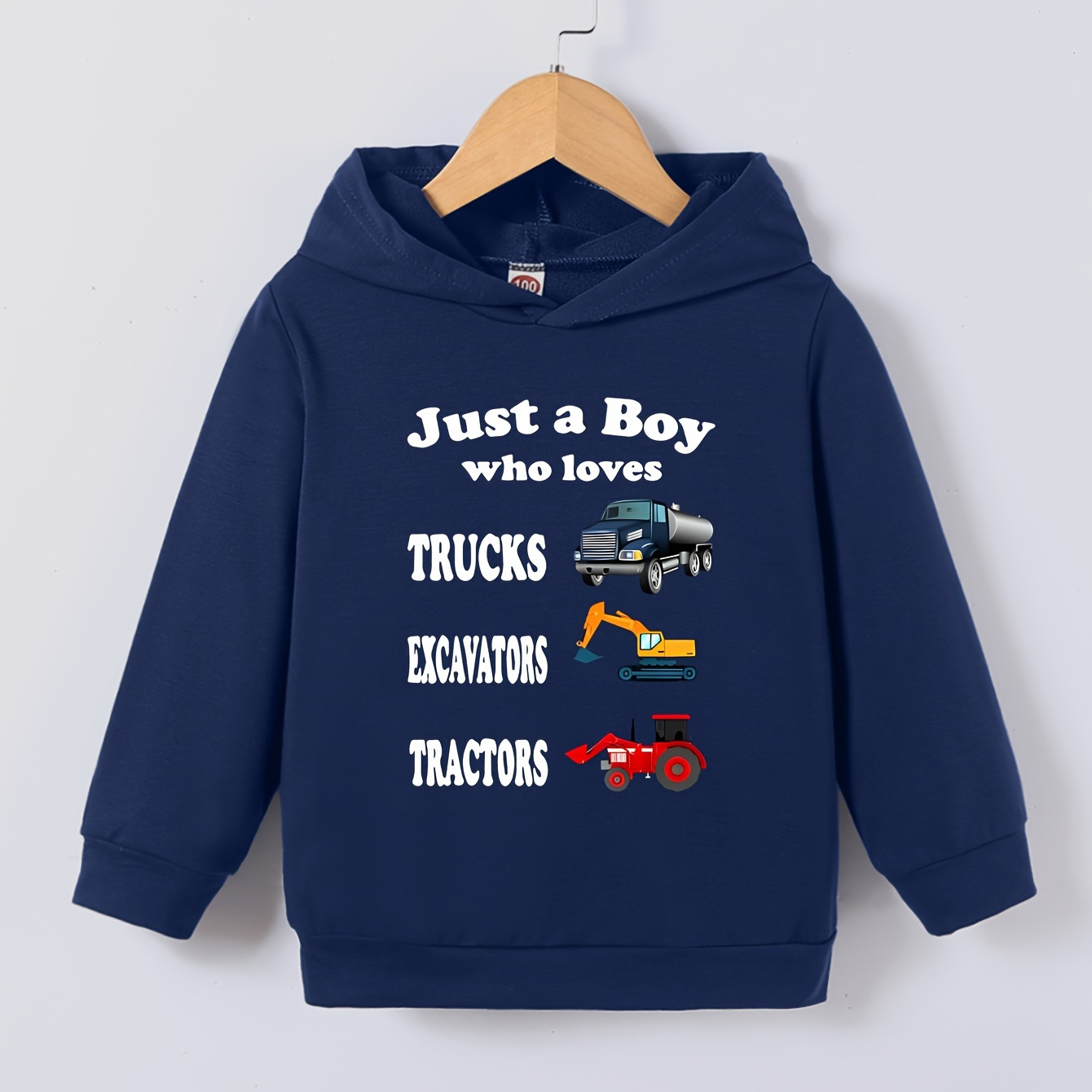 

Just A Boy Who Loves Trucks Excavators And Tractors Letter Print Boys Casual Pullover Hooded Long Sleeve Sweatshirt For Spring Fall, Kids Clothing Outdoor