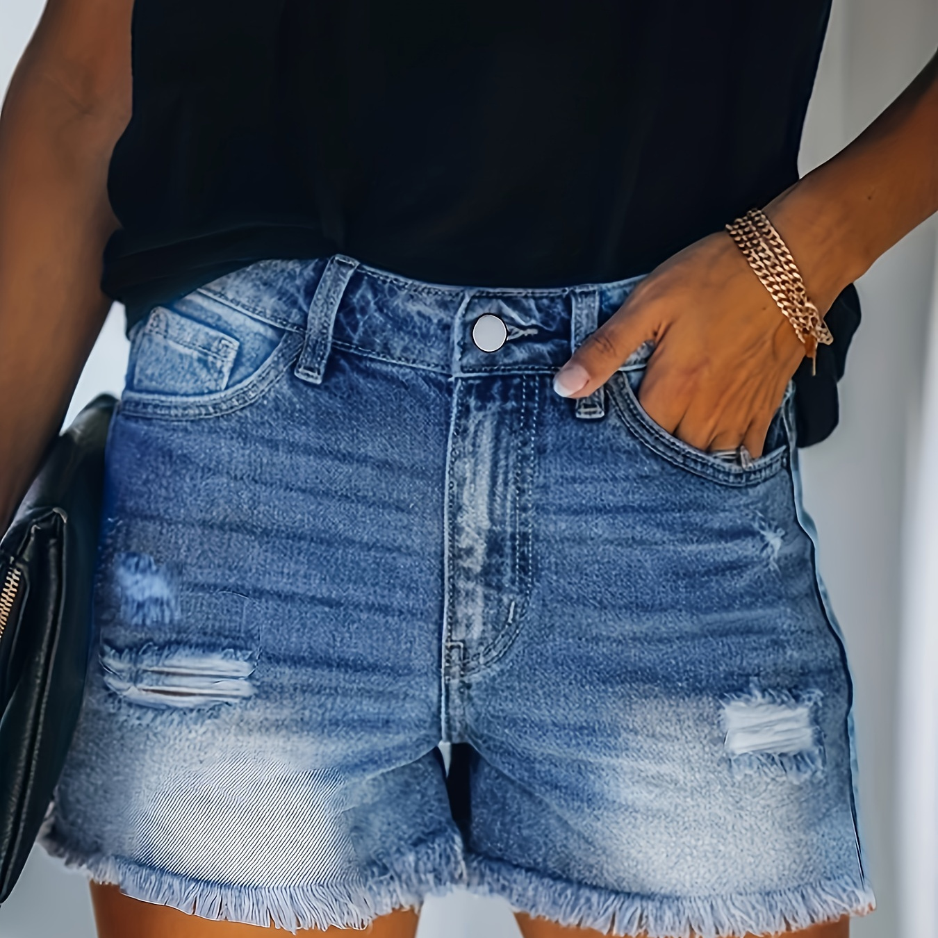 Blue Frayed Hem Denim Shorts, Ripped Holes Slash Pockets Short Denim Pants, Women's Denim Jeans & Clothing