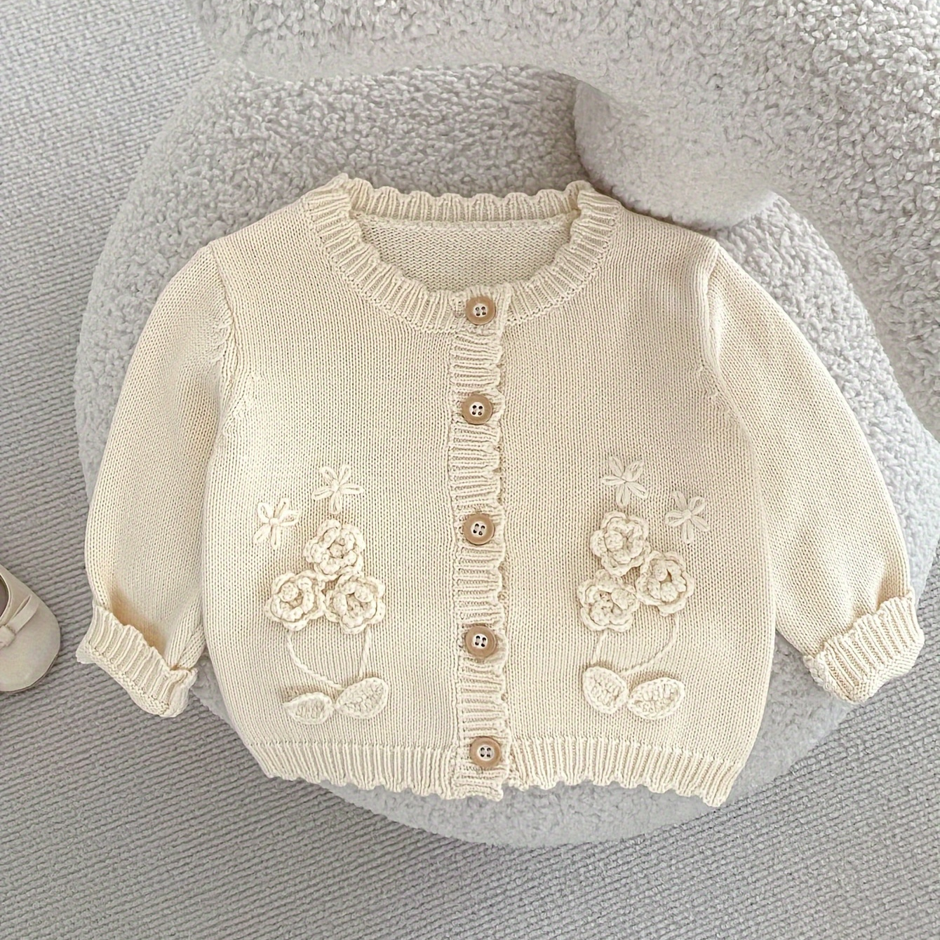 

1pc Baby Girl's Solid Color Flower Pattern Embroidered Cotton Knitted Sweater With Buttons, Comfy Casual Soft & Elastic Tops, Winter & Autumn