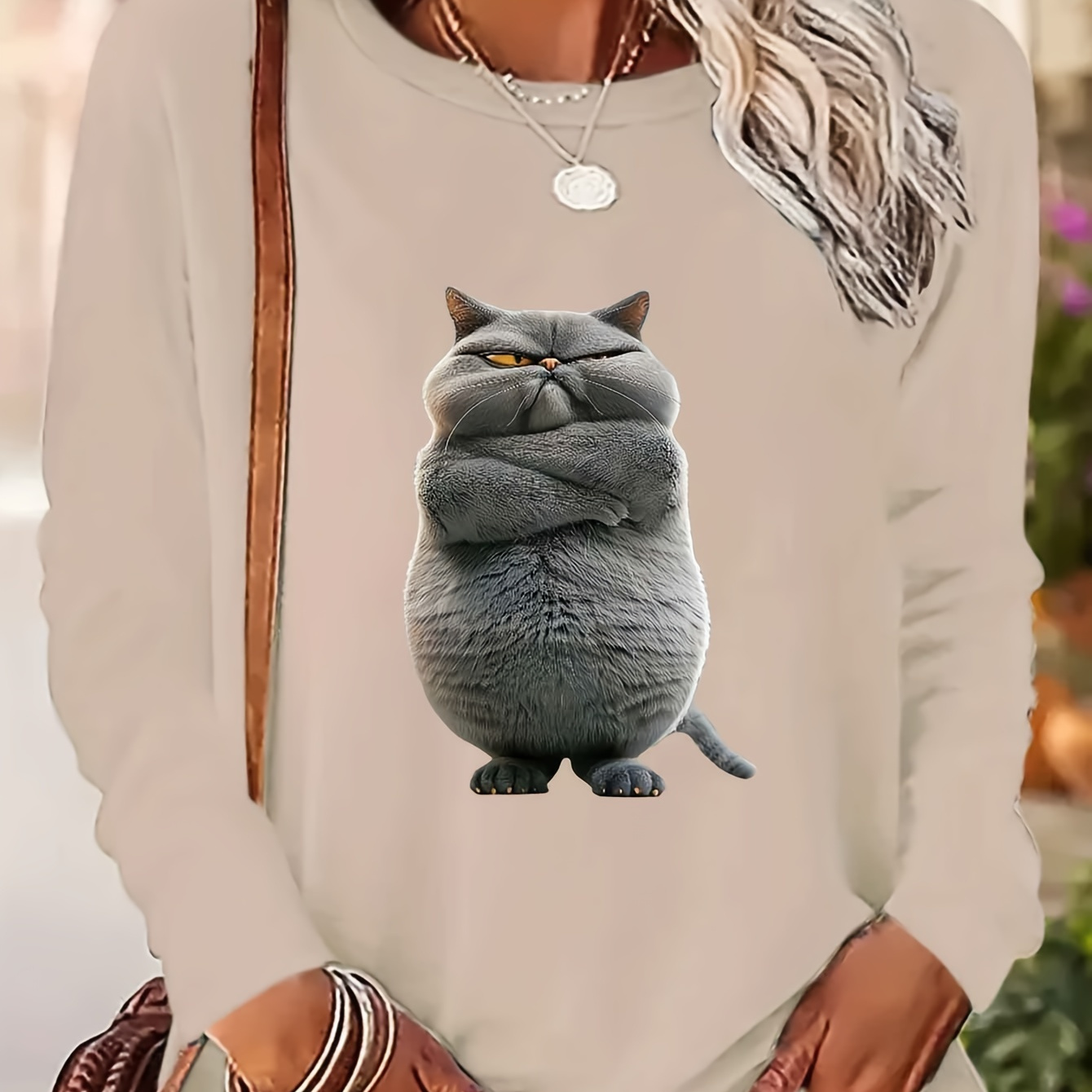 

Funny Cat T-shirt, Long Sleeve Crew Neck Casual Top For Spring & Fall, Women's Clothing