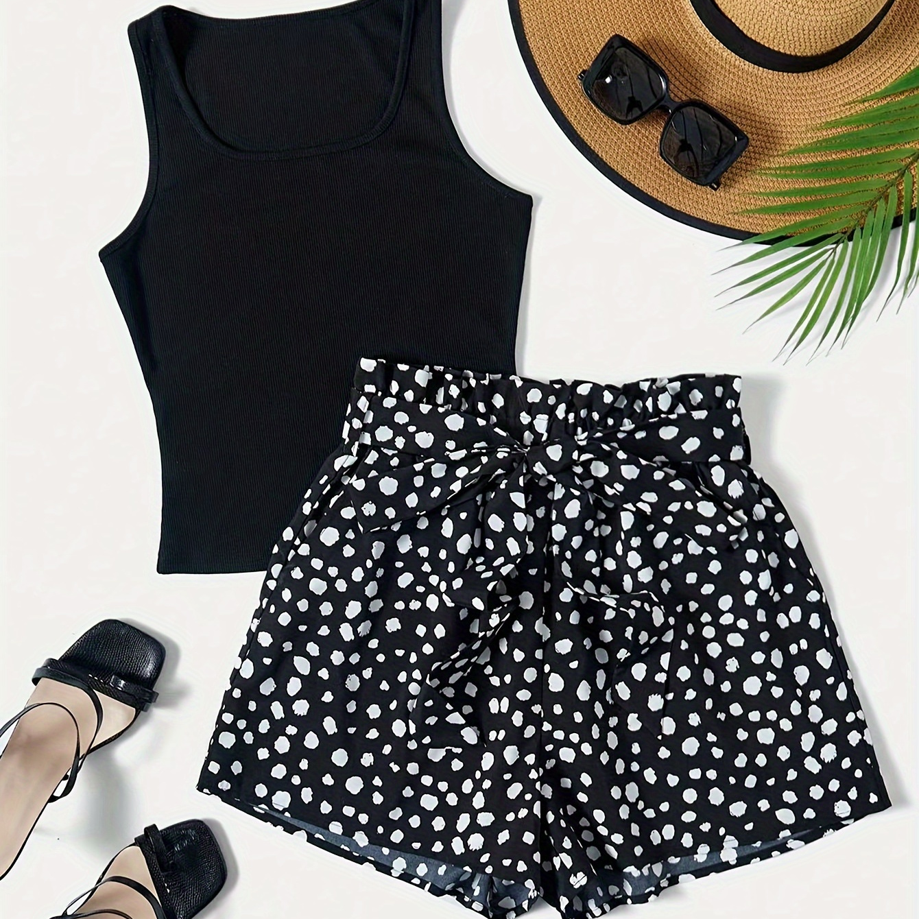 

Vacation Casual Summer Two-piece Set, Solid Color Tank Top & Dalmatian Print Belted Shorts Outfits, Women's Clothing