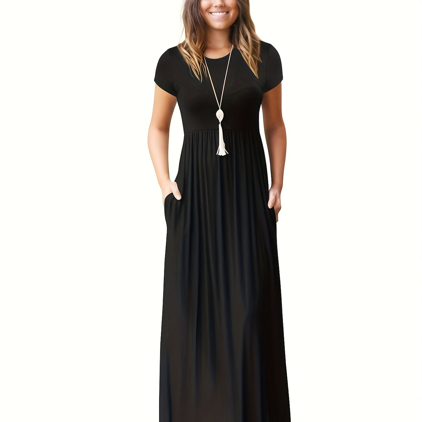 

Pleated Maxi Dress, Casual Crew Neck Short Sleeve Dress With Pockets, Women's Clothing