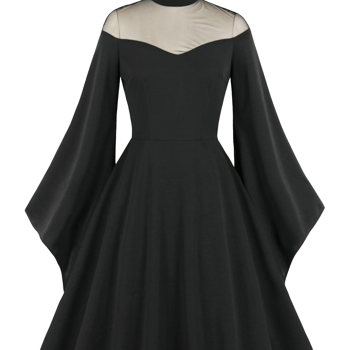 

Plus Size Halloween Gothic Dress, Women's Plus Contrast Mesh Bell Sleeve High Neck Swing Party Dress