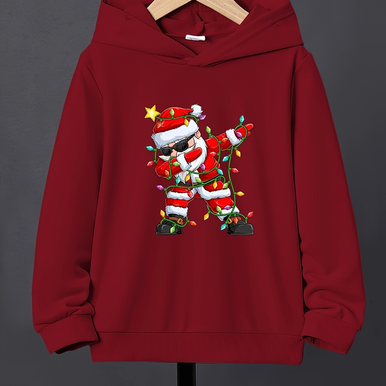 

Merry Christmas Hip Hop Style Santa Claus Print Fleece Hoodies For Boys - Casual Graphic Design With Stretch Fabric For Comfortable Autumn/winter Wear