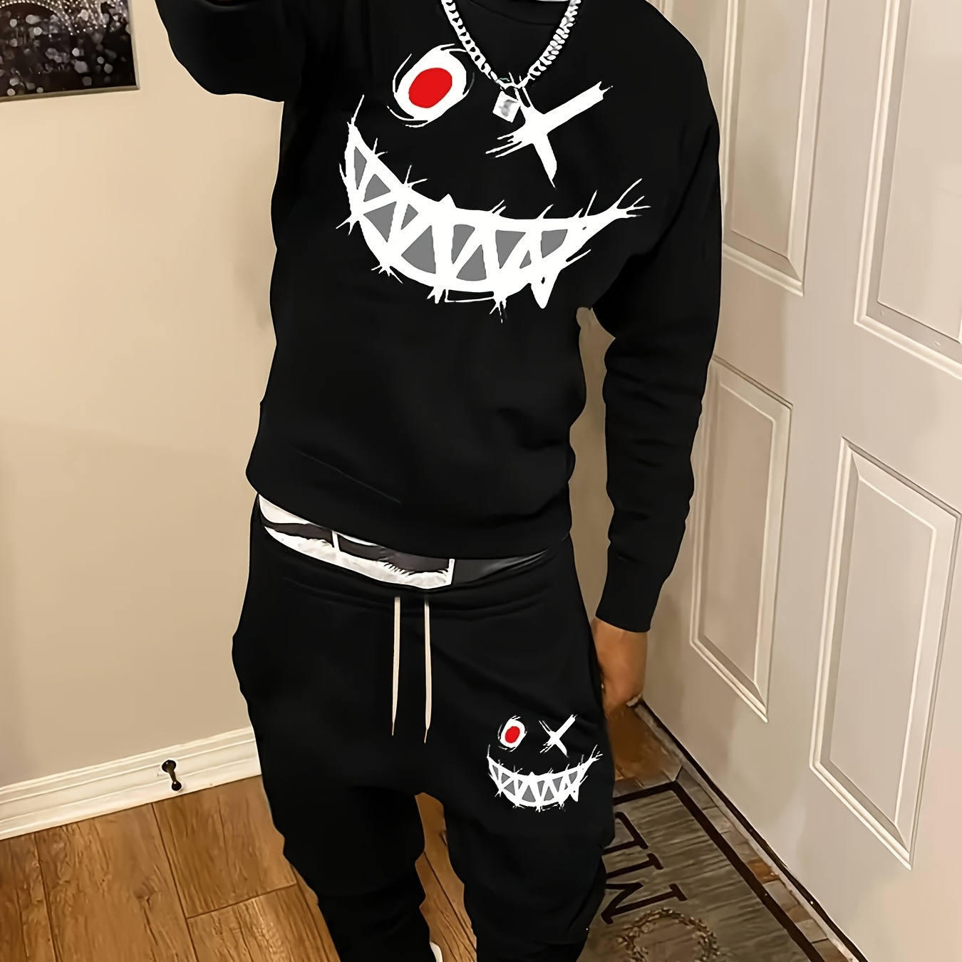 

Men's Casual Trendy Printed Sweatshirt & Joggers Set - Polyester, Machine Washable, Round Neck,