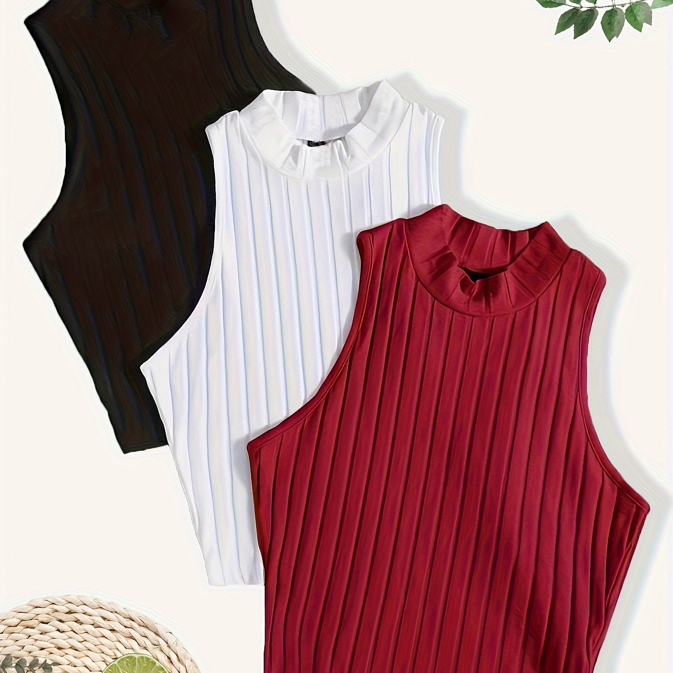 

3 Pack Solid Ribbed Mock Neck Tank Top, Casual Sleeveless Knitted Tank Top For Spring & Summer, Women's Clothing