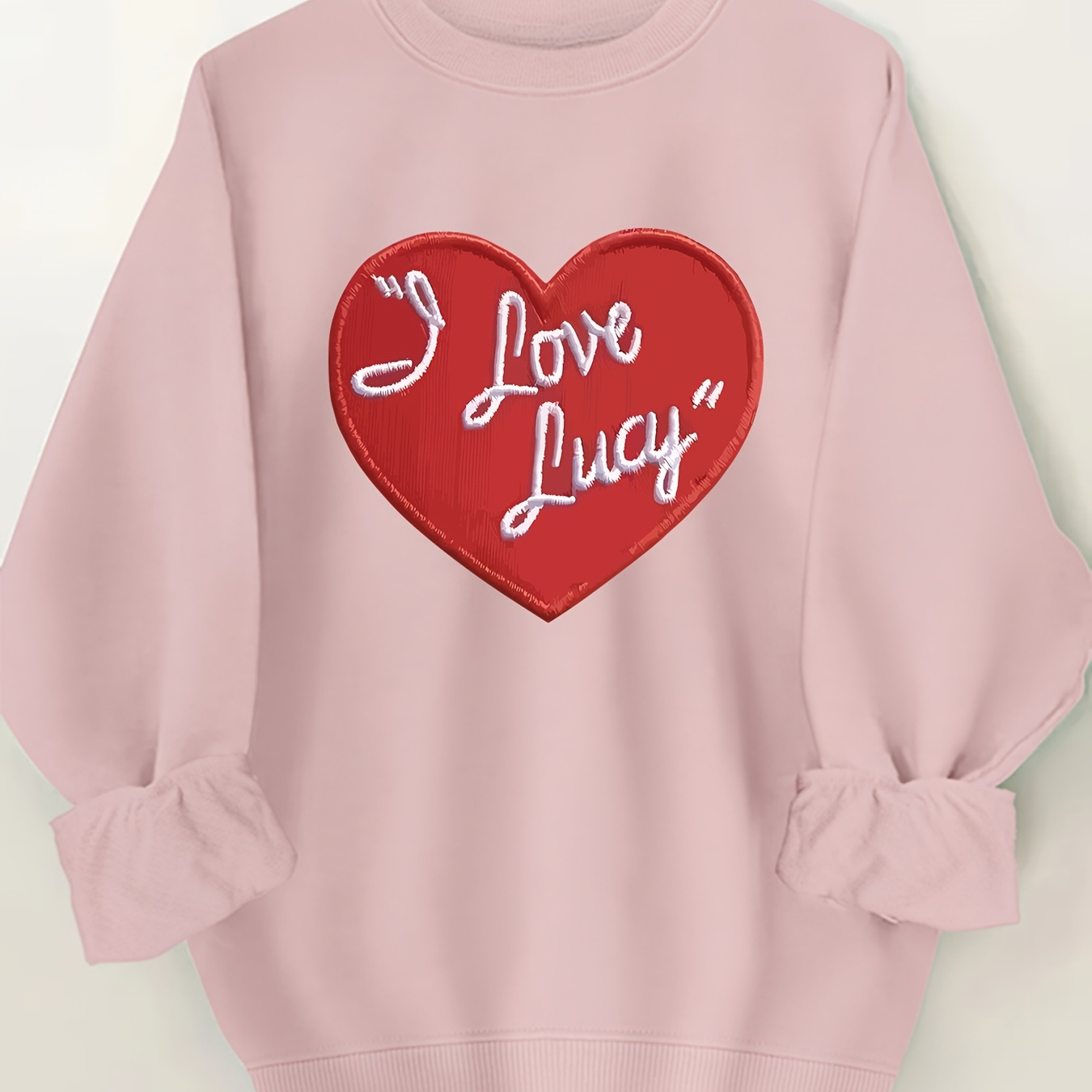 

[1pc "" Lettering Sweatshirt] Plus Size Casual Crew Neck Sweatshirt, Polyester Knit Fabric, Slight Stretch, With Red Heart And "" Lettering, For Spring/fall