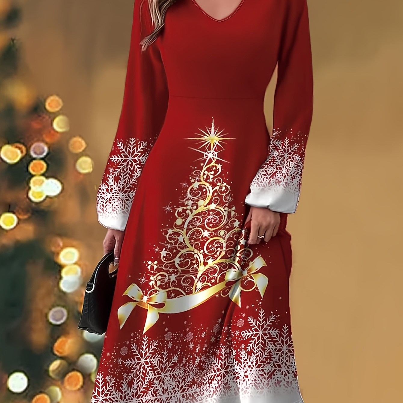Autumn/Winter Christmas Women's Fashion Home Party Holiday Dress with Long  Sleeves, Christmas Tree Pattern, Festive Style, Christmas Autumn Dress