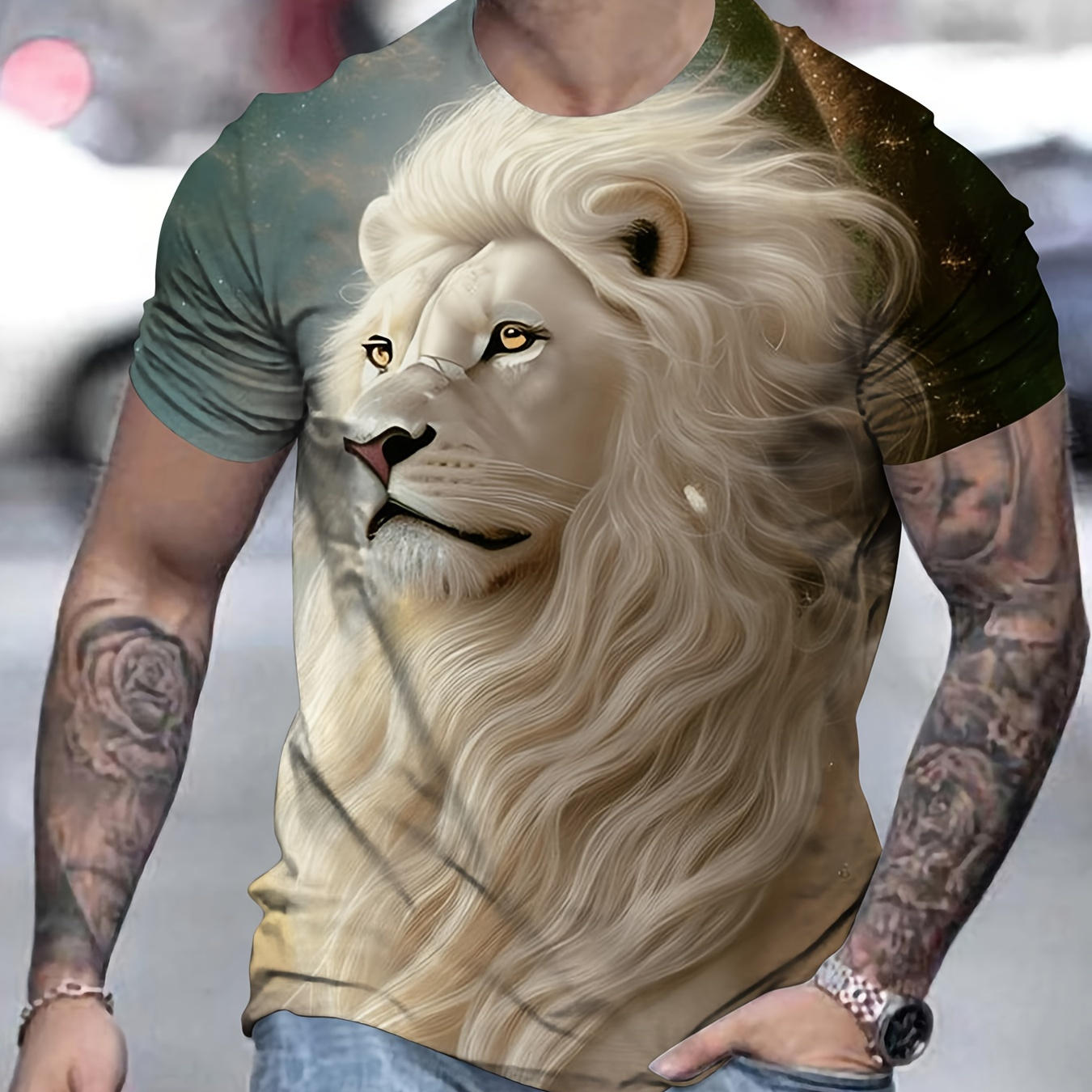 

Men's Trendy Casual Crew Neck Graphic T-shirt With Exquisite 3d Lion Prints For Summer Daily Wear