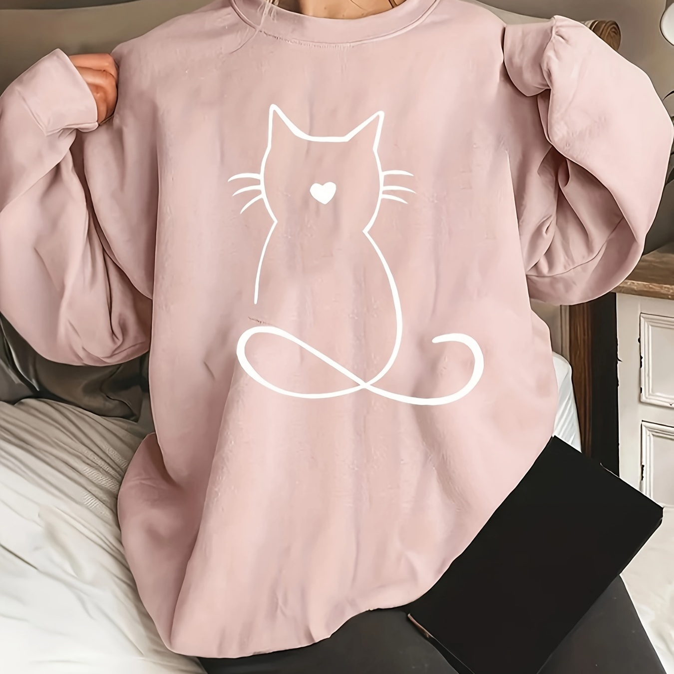 

Cartoon Cat Print Sweatshirt, Casual Crew Neck Long Sleeve Sweatshirt, Women's Clothing